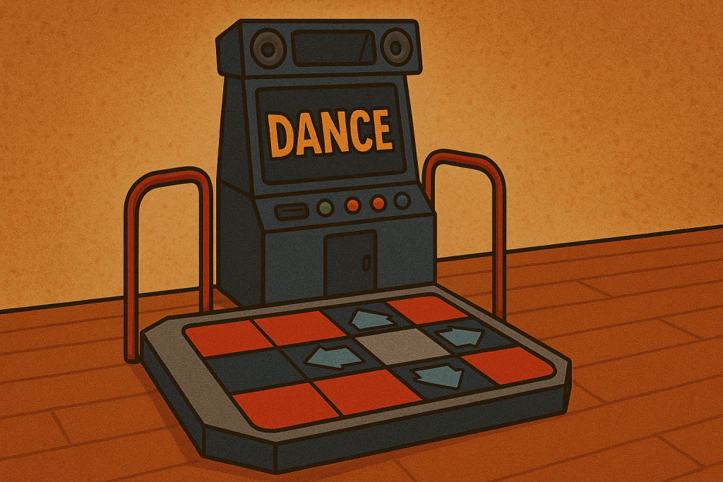 Dance machine with illuminated steps ready for gameplay.