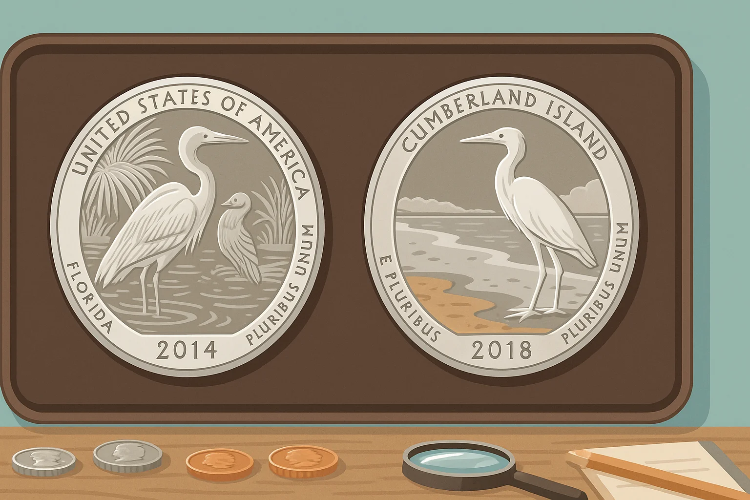 A set of America the Beautiful quarters in protective slabs.